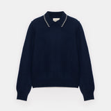 JUMPER 1234 Cashmere Blanket Stitch Collar in Navy Mid Grey